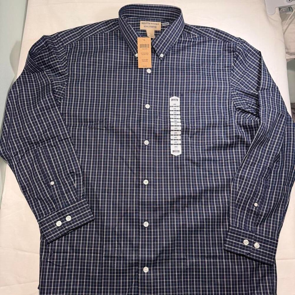 Duluth Trading Co Mens L Wrinklefighter Shirt Navy Check Plaid Long Sleeve NWT - Picture 2 of 5